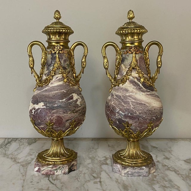 Late 19th Century Pair 19th Century French Louis XVI Marble & Bronze d'Or Cassolettes For Sale - Image 5 of 13