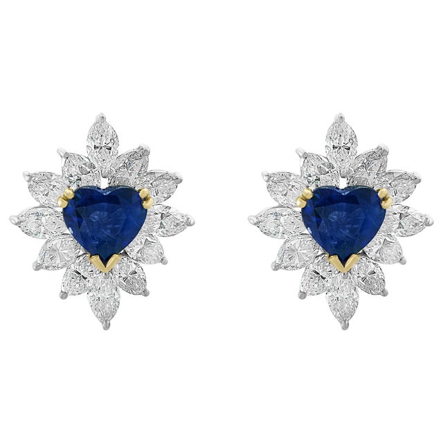 GIA Certified Ceylon Heart Shape Sapphire & 3.5 Carat Diamond Stud Earring 18KG For Sale - Image 15 of 18