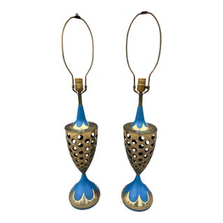 1960s Tony Paul Style Westwood Industries Brass and Blue Enamel Lamps - A Pair For Sale