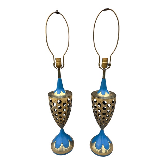 1960s Tony Paul Style Westwood Industries Brass and Blue Enamel Lamps - A Pair For Sale
