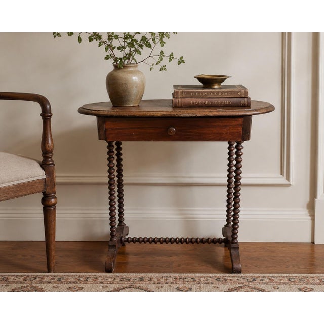 Antique Oval Wood Side Table With Barley Twist Legs & Single Drawer For Sale - Image 9 of 9
