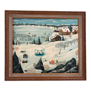 Large Vintage Winter Folk Painting by Stan Well For Sale