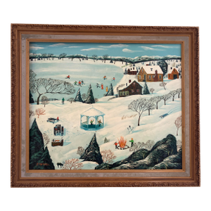 Large Vintage Winter Folk Painting by Stan Well