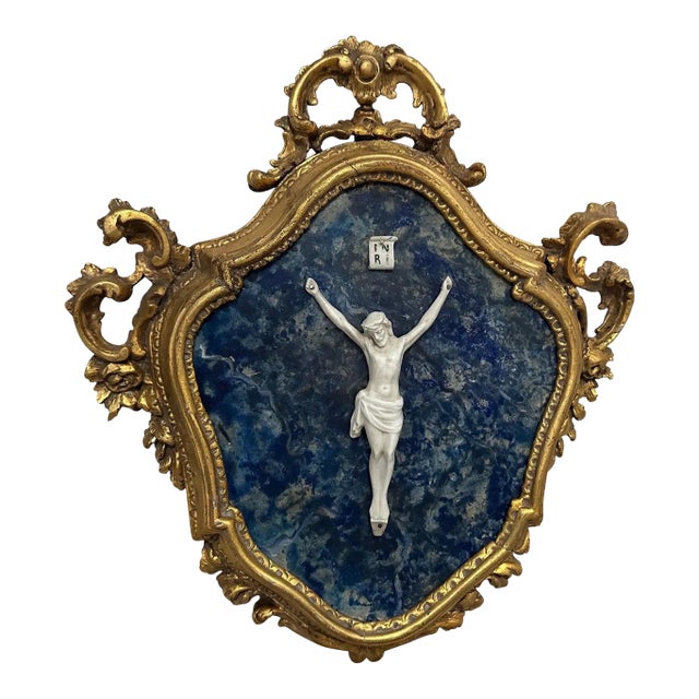 A Baroque Style Gilded Wood Box Frame Displaying a White Porcelain Christ For Sale