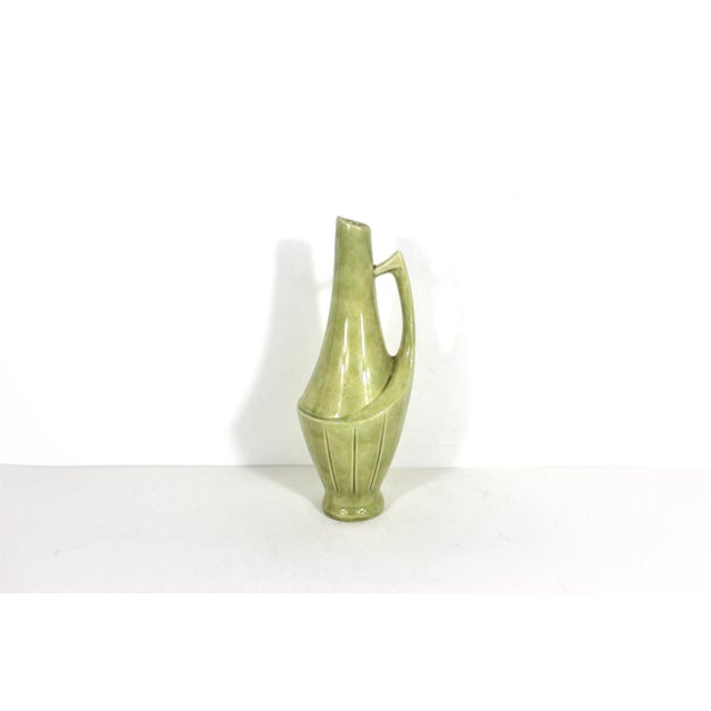 1940s Vintage Art Deco Green Geometric Pitcher Vase Jug With Handle For Sale - Image 5 of 10