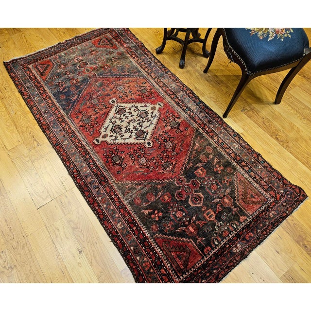 Vintage Persian Hamadan Rug, Hand-Knotted Wool, Geometric Medallion Pattern, Moss Green & Red, 4x7 For Sale - Image 9 of 18