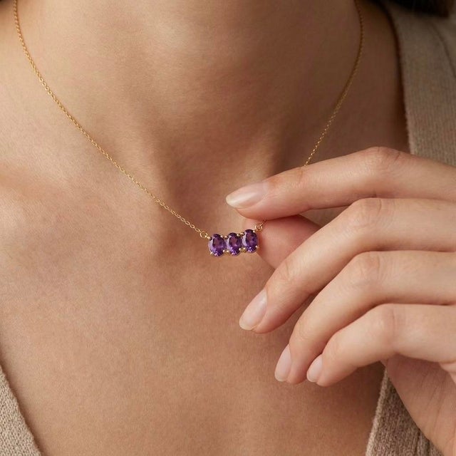 Contemporary Three Stone Amethyst Oval Necklace | February Birthstone Trilogy Necklace | Dainty Purple Everyday Minimalist Necklace For Sale - Image 3 of 3