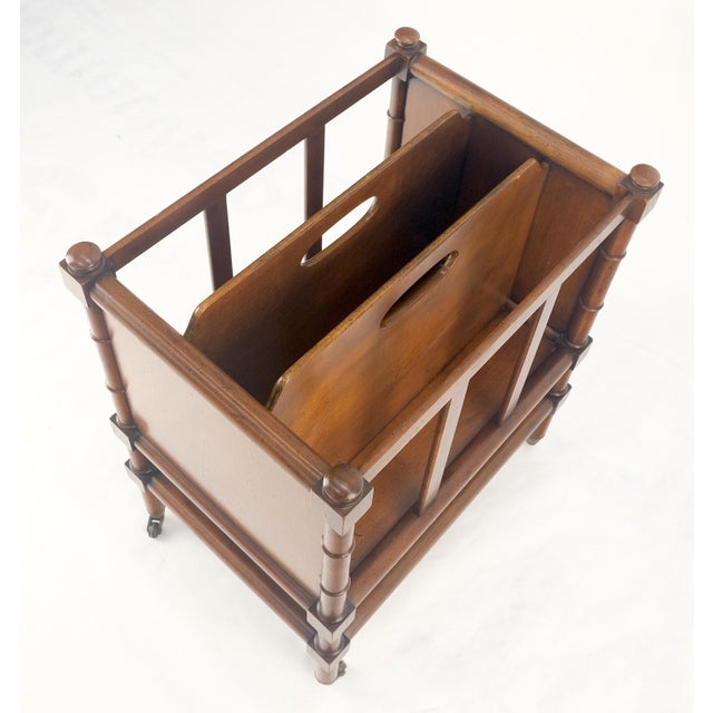 Faux Turned Wood Bamboo Canterbury Magazine Rack on Brass Casters Clean! For Sale - Image 6 of 15
