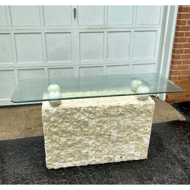 Postmodern Freeform Tessellated Stone Base Glass Top Console Table
