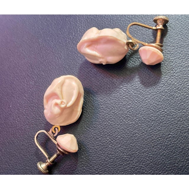 1950s Lucite Demi-Parure Marriage in Pink Earrings and Necklace, Classic MCM West Germany For Sale - Image 5 of 8