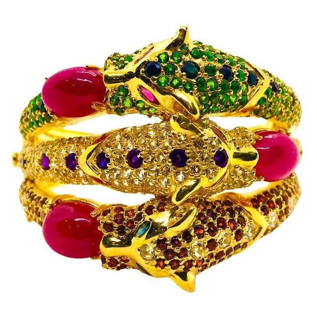 Bochic "Capri" Vintage Ruby, Sapphire, Tsavorite & Garant Bangle Set In 18K Gold For Sale - Image 15 of 18