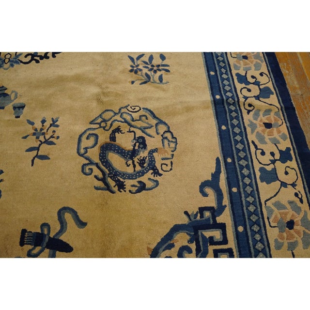 1900s Beige Field Classic Greek Key Dragon Antique Chinese Peking Room Size Rug For Sale - Image 4 of 10