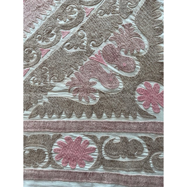 Mid-Century Modern Suzani Wall Tapestry — Neutral Tan Uzbek Tablecloth For Sale - Image 3 of 9