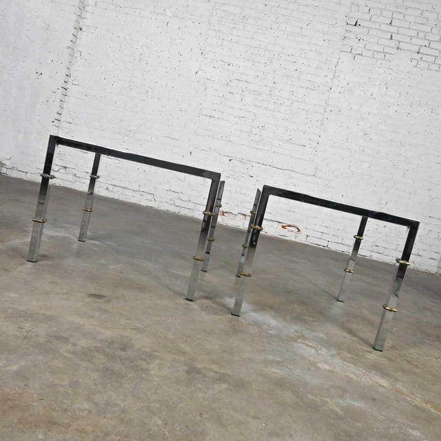 Chrome Hollywood Regency Chrome & Glass Square End Tables Brass Details a Pair Style of Maison Jansen For Sale - Image 8 of 16