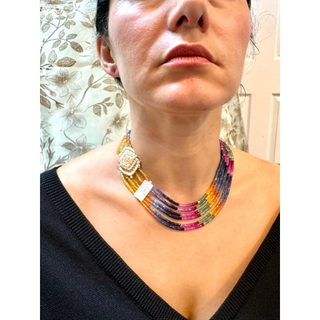 400 Ct , 6 Layer Natural Emerald Ruby & Sapphire Bead Necklace 18K Diamond Clasp For Sale - Image 14 of 18