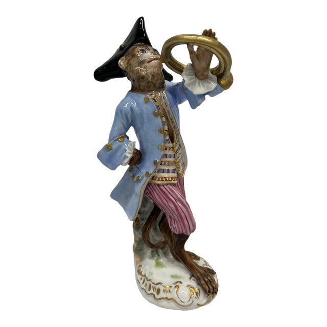 19th Century Meissen Monkey Band French Horn Player Member Figurine For Sale