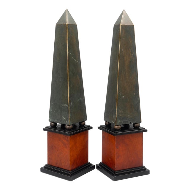 Late 20th Century Pair of Tall Decorative Obelisks With Antiqued Metal and Wood Bases For Sale