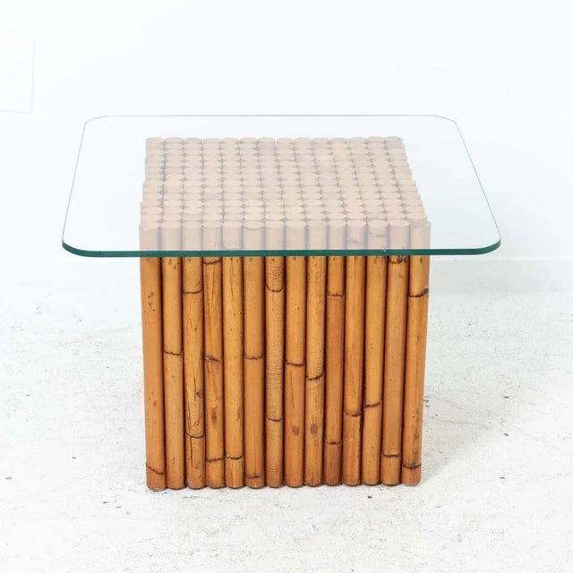 Wood Base Faux Bamboo Glass Top Coffee Table. Glass has nice rounded corners for safety. Few scratches to glass from age...