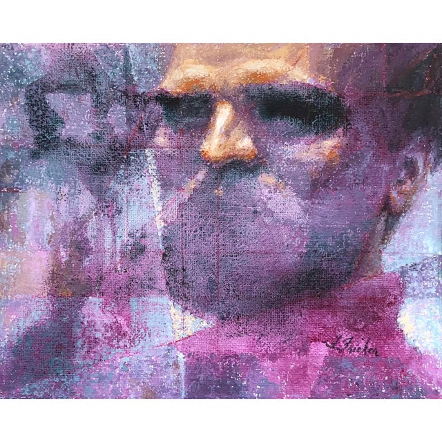 Inscrutable by Lisa Fricker | Oil on linen panel Portrait of a man with abstract background. For Sale