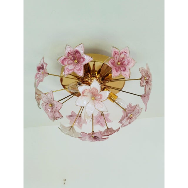 2020s Murano Style Flush Mount Pink Purple Flower Ceiling Light Glass Chandelier For Sale - Image 5 of 11