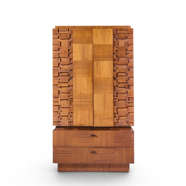 Lane Brutalist Mid Century Walnut Armoire Dresser This armoire measures: 40 wide x 20.5 deep x 72.5 inches high Fair...