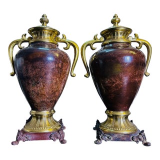 1970s Grand Neoclassical Patinated Metal Urns With Gilt Scroll Handles, Pair, 16" For Sale