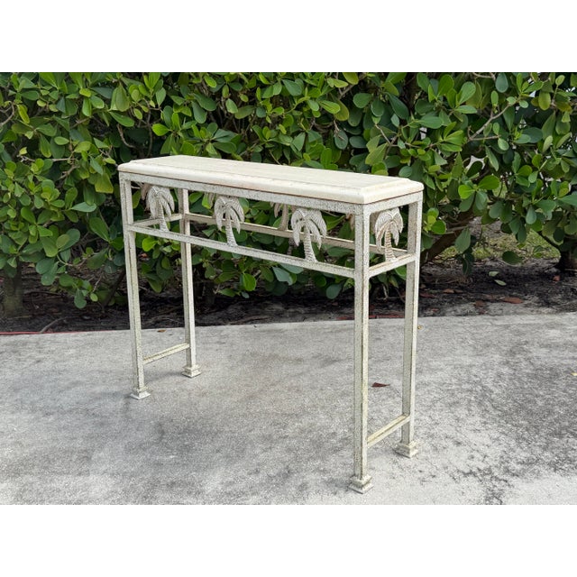 White Vintage 36” Palm Beach Console Table With Sculptural Palm Tree Motif For Sale - Image 8 of 12