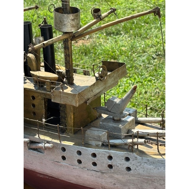 Late 19th C. American Primitive Folk Hand-Crafted Battleship Model on Base For Sale - Image 17 of 17