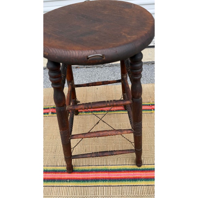 A Neat Antique Oak Workbench Barstool, With Wire Repairs, Circa 1890’s For Sale - Image 4 of 12