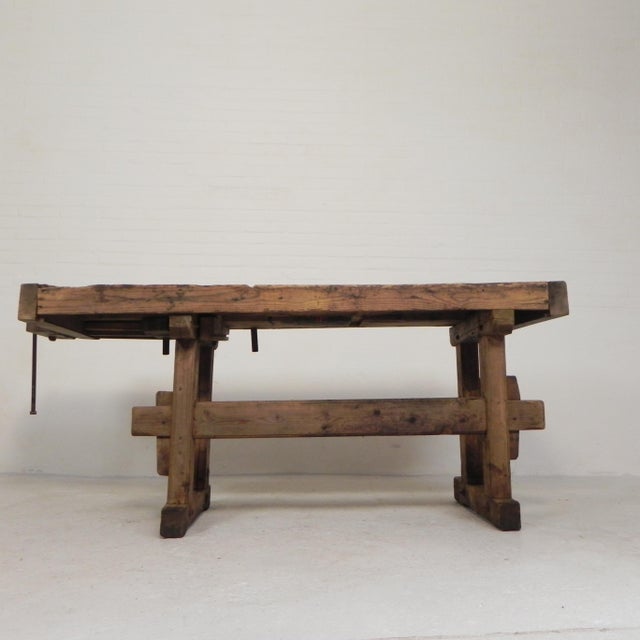 Industrial Wooden Workbench with Vice, 1930s For Sale - Image 6 of 18