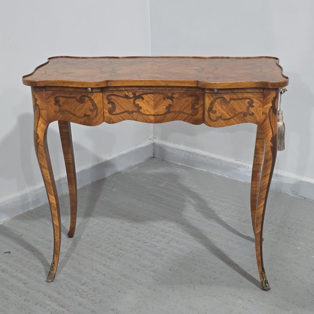 Small French Marquetry Writing Table, 1920 For Sale - Image 3 of 15