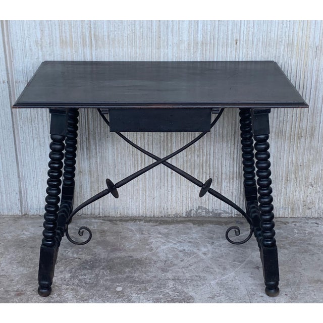 Baroque Spanish 1900s Walnut Side Table with Single Drawer and Iron Stretcher For Sale - Image 3 of 18