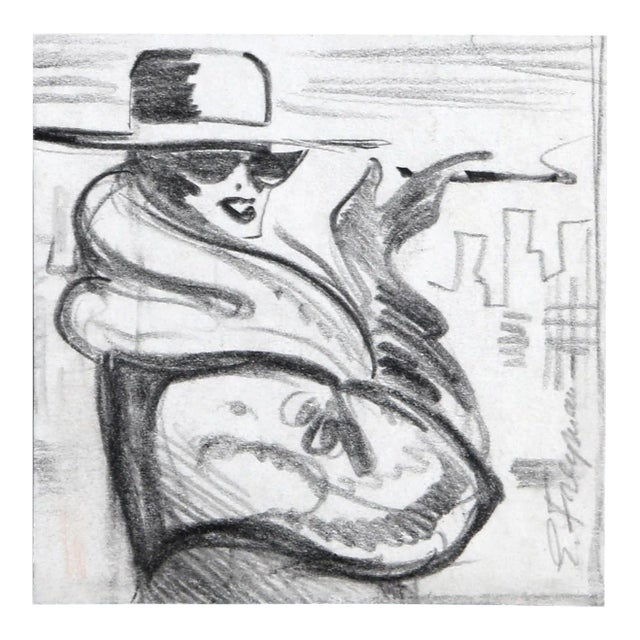 Smoking Woman, Erik Freyman Pencil on Paper, Signed For Sale