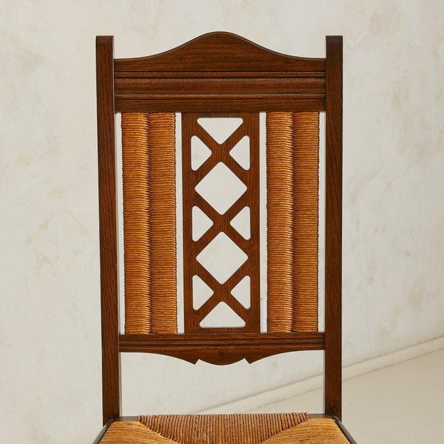 Set of 6 French Rush + Oak Dining Chairs, 1940s For Sale In Chicago - Image 6 of 9