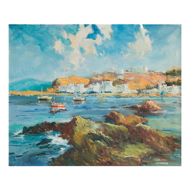 Port of Llança Coastal Harbour Scene, Oil Painting on Canvas, Framed For Sale