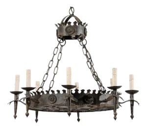 20th Century Circular French Eight-Light Black Iron Chandelier