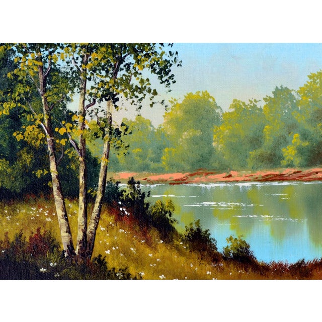 Serene mid century lakeside landscape by an unknown artist (American, 20th Century). Presented in a rustic giltwood frame....