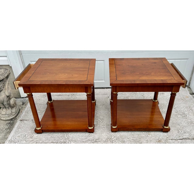 Vtg. Baker Pair of Regency Style Cherry Side Tables W/Inlay & Brass Trim For Sale In Philadelphia - Image 6 of 16