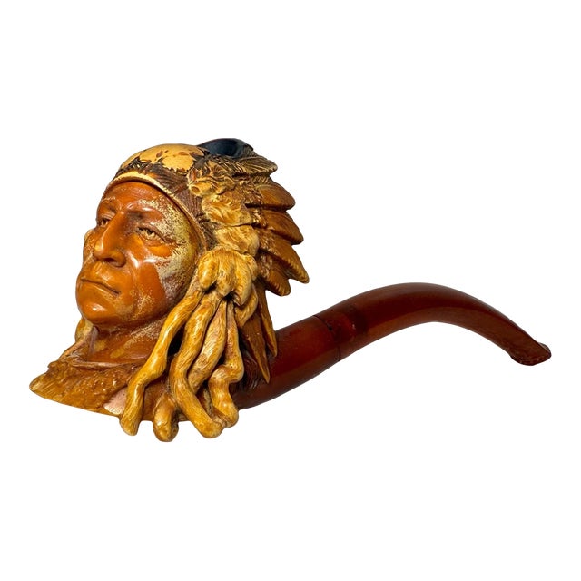 Antique 19th Century Hand Carved Meerschaum Indian Chief Smoking Pipe W/ Case For Sale