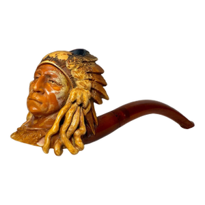 Antique 19th Century Hand Carved Meerschaum Indian Chief Smoking Pipe W/ Case