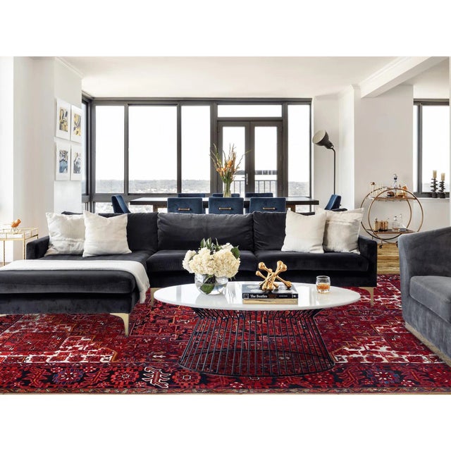 1960s 1960 10'x12'8" Fire Brick Red With Asphalt Black Border Vintage Heriz Oriental Rug For Sale - Image 5 of 12