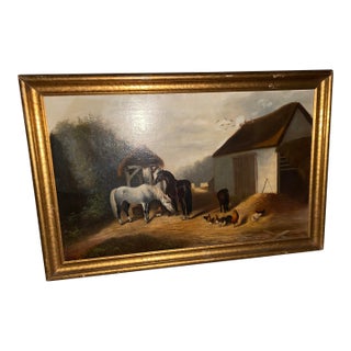 Mid 19th Century Barnyard Animals- Antique Primitive Painting, Framed For Sale