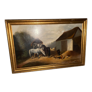 Mid 19th Century Barnyard Animals- Antique Primitive Painting, Framed