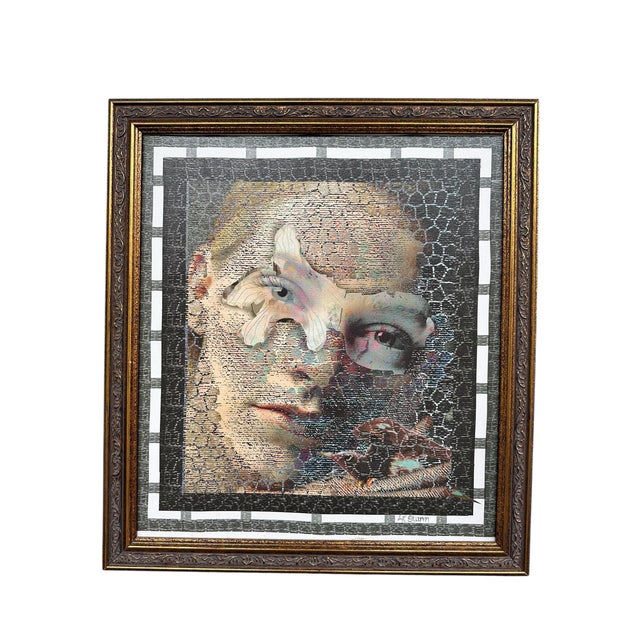 Contemporary 1970s Signed Linda Sturm Mixed Media Portrait – Surreal Female Face With Butterfly & Bird, Contemporary Framed Wall Art For Sale - Image 3 of 6