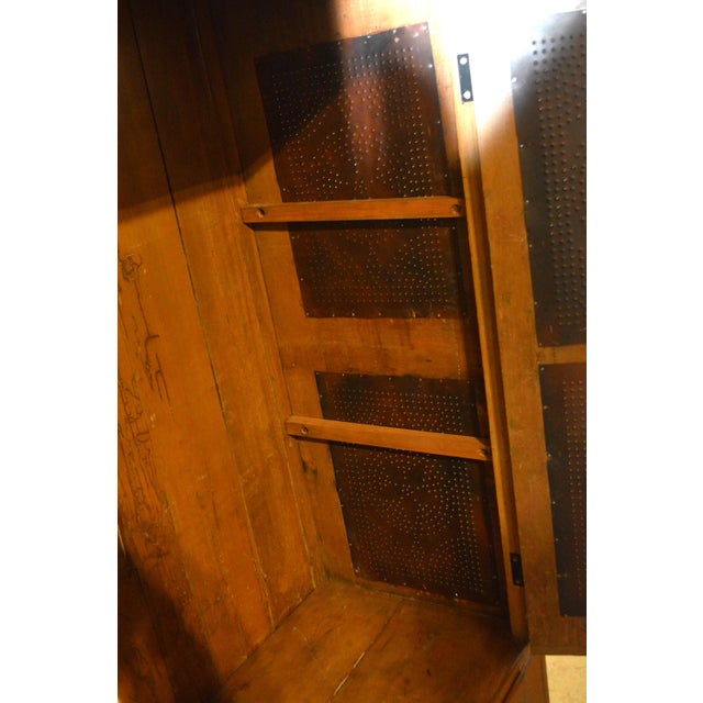 Vintage Wood & Brick Red Punched Tin Pie Safe Cabinet W/ Shelves & Lower Drawer For Sale - Image 18 of 18