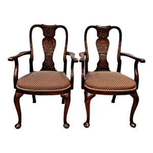 Pair of Queen Anne-Style Chinoiserie Painted Armchairs With Upholstered Seats
