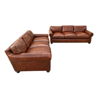 Vintage Cognac Top Leather 3-Seater Sofas, Pair For Sale
