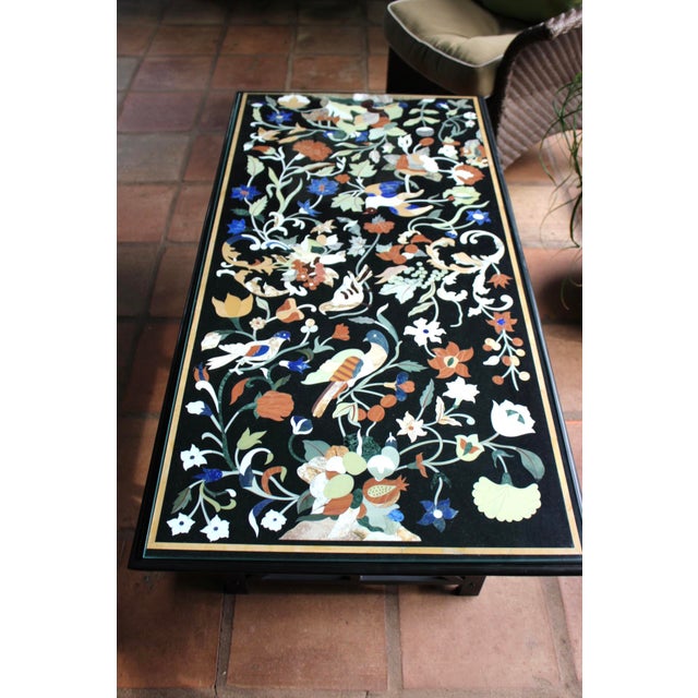 Indian Pietra Dura Black Marble Coffee Table With Semi-Precious Stone Inlay For Sale - Image 3 of 6
