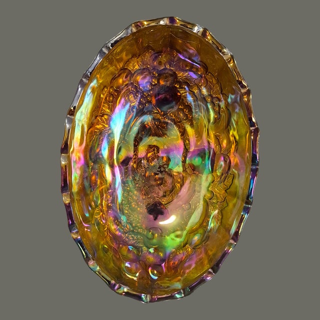 Vintage Oval Footed Iridescent Carnival Glass Fruit Bowl Center Piece For Sale - Image 6 of 7