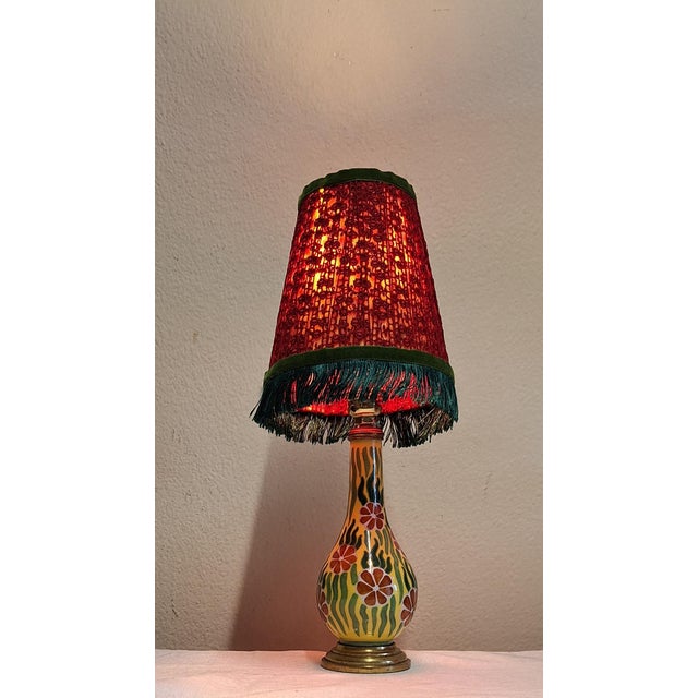Antique Art Nouveau Table Lamp with Painted Ceramic Base in Brass Socket and Fabric Shade by Lamplove, 1910s For Sale - Image 5 of 10